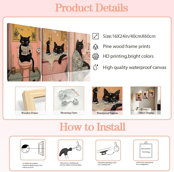 Funny Japanese Black Cat Bathroom Wall Art, Cute Japan Cat in Bathtub Wall Decor Paintings Funky Animal on Toilet Reading Newspaper Poster Canvas Prints Artwork 16x24 inch Framed