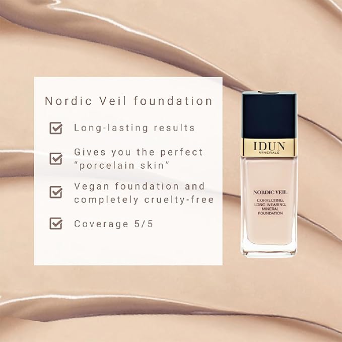 IDUN Minerals Nordic Veil Foundation - Full and Poreless Coverage, Long Lasting, Soft Matte Finish - Purified and Safe for Sensitive Skin - 314 Ylva - Medium Dark Neutral - 0.88 oz