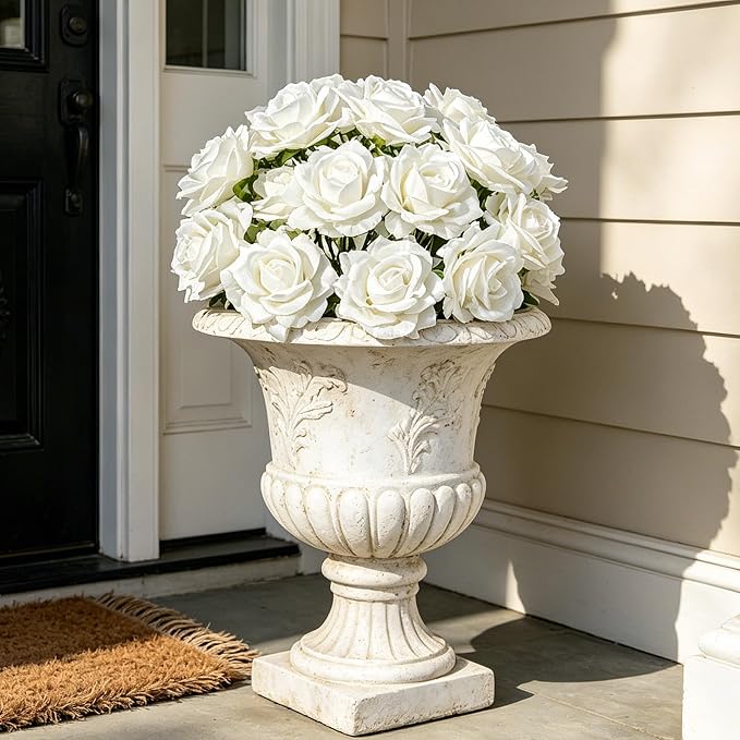 INXUGAO Artificial Flowers Fake Roses, 10 Pcs 28" Long Stem Silk White Roses for Outdoor Indoor, Realistic Faux Flowers for Tall Planter Vase Porch Patio Decor