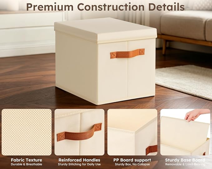 Storage Bins with Lids - Fabric Storage Baskets for Shelves, 4 Pack Foldable Decorative Boxes with Handles, Stackable Organizer Bins for Home, Nursery, Dorm, Beige