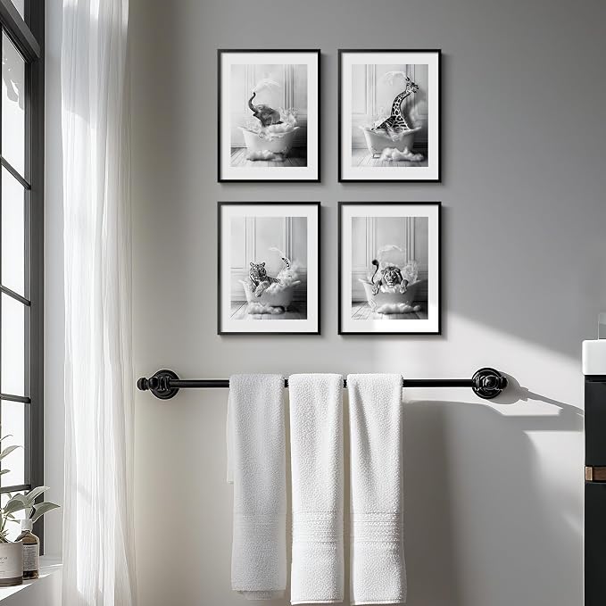 Framed Funny Bathroom Wall Art, 4 Piece Modern Black and White Canvas Prints Painting Artwork for Walls, Elephant Lion Tiger Giraffe Bathing Animals in Bathtub Pictures Kids Bathroom Wall Decor, 11x14