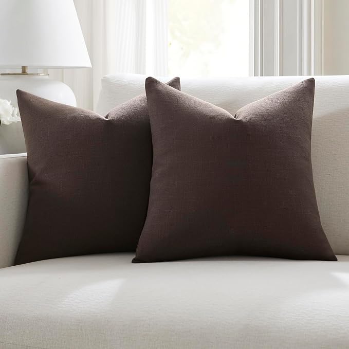 Meekio Set of 2 Brown Throw Pillow Covers 20x20, Modern Farmhouse Linen Blend Decorative Pillow Covers for Couch Sofa Bed, Neutral Home Decor