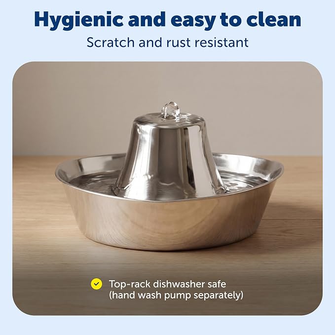 PetSafe Seaside Stainless Pet Fountain, 12 Carbon & 2 Foam Filters, 1 Pump | 60 Oz Capacity, 360-Degree Flow, Triple-Filter with 2.5x More Activated Carbon, Scratch/Rust-Resistant Stainless Steel