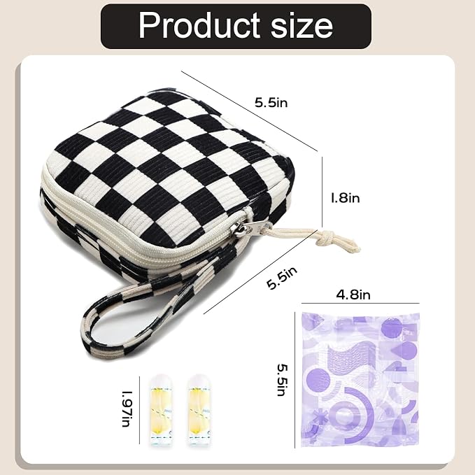 Corduroy Period Pouch for Women, Cute Sanitary Pad Pouch with Zipper, Portable Tampon Holder for Purse, Sanitary Napkin Storage Bag for Travel (Checkered Black White)