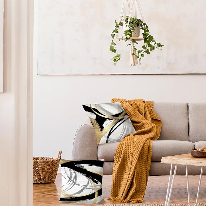 Black White and Gold Pillow Covers, Abstract Black and Gold Pillow Covers 26x26 Set of 2, Modern Boho Home Decor, Black and Gold Pillows Decorative Throw Pillows for Couch Living Room Bedroom