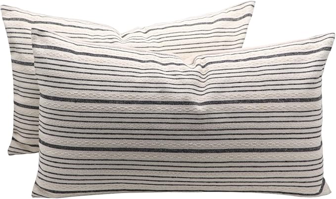 Black Striped Outdoor Lumbar Pack of 2 Throw Pillow Covers 12x20 | Farmhouse Pillow Cases Decorative Throw Pillows for Couch Sofa Bed Black and Cream