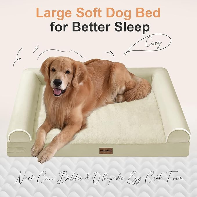 Orthopedic Dog Bed for XX-Large Dogs, 44 x 34 Inch, Beige | Egg crate foam for joint support, 3-sided bolster pet sofa, waterproof lining, washable cover, and non-skid base