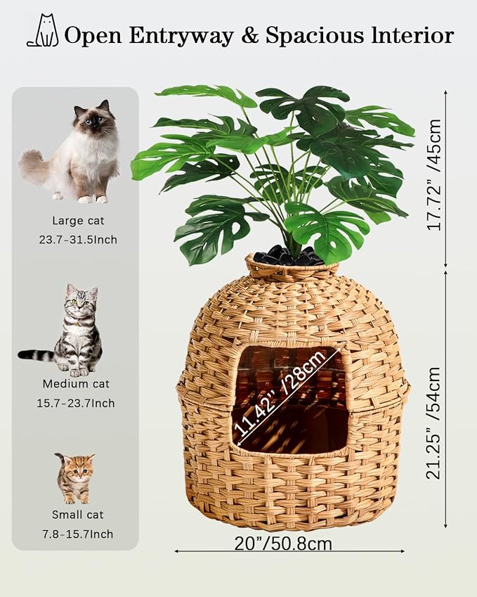 SETVSON Cat Litter Box Plant Furniture Enclosure, Rattan PE House, Natural | Decorative Planter Design, Removable Top for Easy Cleaning, Includes Artificial Plants, Real Stones, 20 x 20 Inches