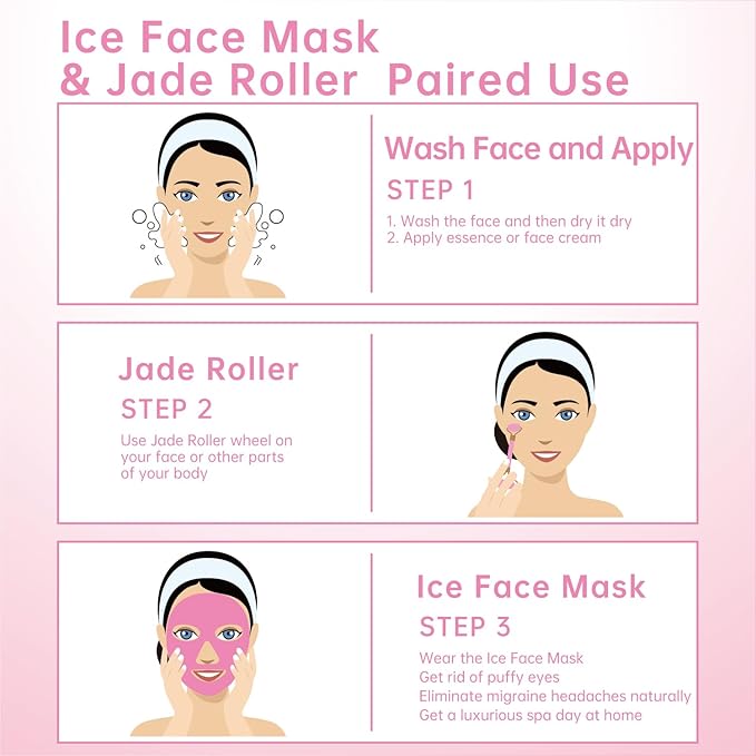 ZNÖCUETÖD Ice Face Facial Jade Roller and Ice Face Mask Cold Cooling Gel Mask Gift Set for Women Aging Wrinkles Lifting Firming Puffy Eyes, Eye Face Neck Roller Massager SPA Tools