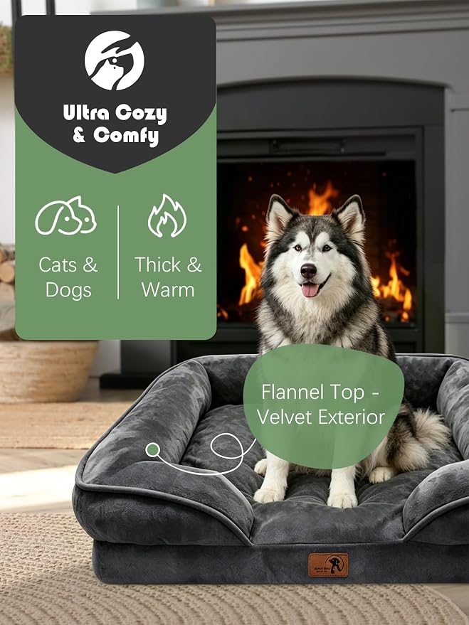 Spotted Play Orthopedic Dog Bed with Sides - Sofa Beds for Extra Large Dogs, Supportive Foam Pet Couch Bed with Washable Removable Cover, Waterproof Lining and Non-Slip Bottom, Dark Grey - XL-Plus
