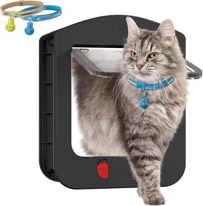 Smart Cat Door with Collar Sensor 2pcs 4 Way Locking Black | Pet Door for Interior Door and Exterior Door Cat Door with Magnetic Flap