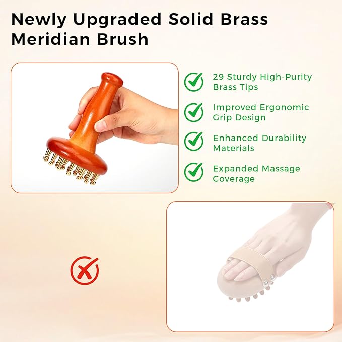 Meridian Massage Brush with 29 Copper Ball & Ergonomics Handle, Meridian Point Massager Comb with Storage Bag Chinese Spa Gua Sha Tool for Head Neck Back Arms Legs