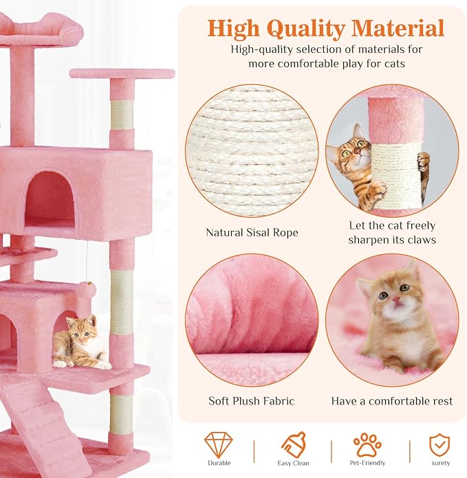 Sweetcrispy 54-inch Cat Tree Tower with Scratching Posts, Indoor Use | Multi-Level Indoor Cat Tree Condo with Climbing Ladder, Plush Toy, Play House for Kitten, Pink