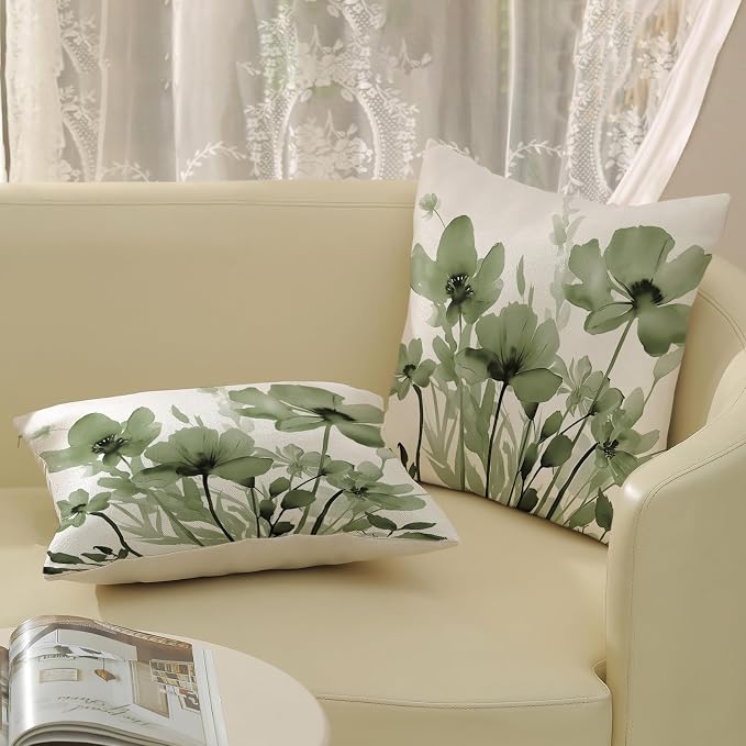 Spring Floral Pillow Covers 18x18 Inches Set of 2,Sage Green Floral Throw Pillow Covers Outdoor Summer Flower Decoration Pillowcase Farmhouse Decorative Square Linen Cushion Cover For Home Sofa