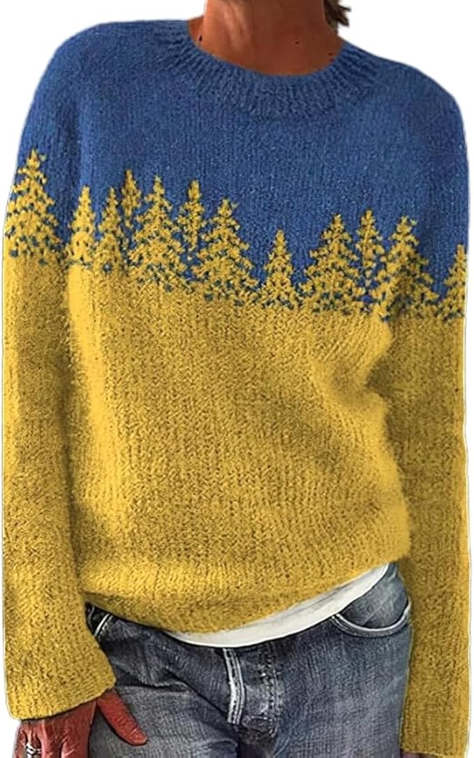 Zhyaj Fair Isle Sweater for Womens Winter Long Sleeve Vintage Knitted Sweater Casual Fall Crew Neck Pullover Sweaters