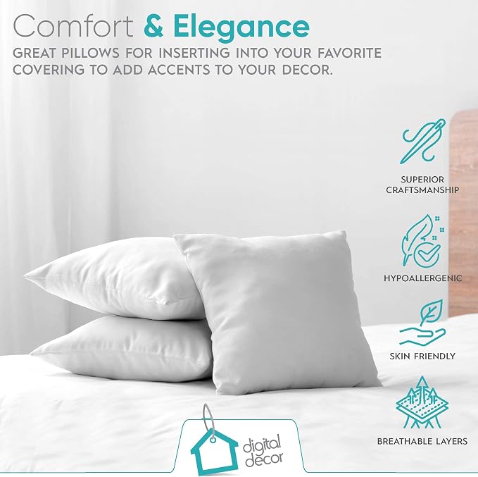 Digital Decor Decorative Throw Pillow Inserts 20x20 Set of 2, Soft Hypoallergenic Down Alternative Cushion Forms for Couch, Sofa & Bedroom Décor, Made in USA Square Pillow Inserts, White