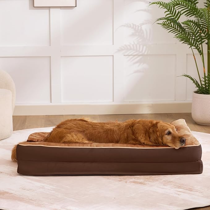 XL Orthopedic Dog Bed for Large Sized Dogs, 42"x30"x7.5", Brown | Waterproof, Washable Cover, L-Shaped Pet Couch, Egg-Crate Foam for Pressure Relief, Portable Handle