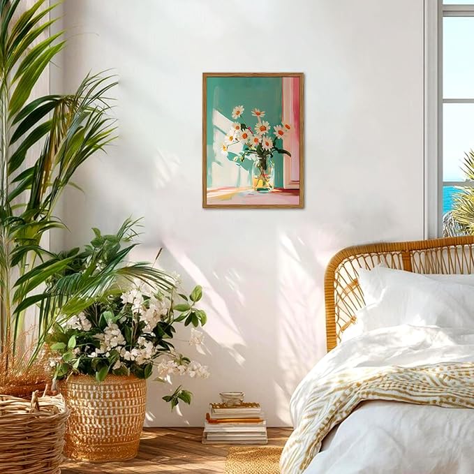Framed Moody Floral Canvas Wall Art, Vintage Daisy Flower Pictures Wall Decor, Rustic Wildflower Paintings Prints Cottagecore Home Decor for Living Room Bedroom Bathroom 12x16 inch