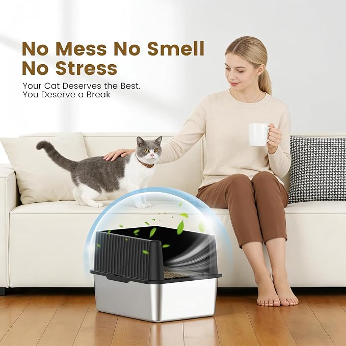 Stainless Steel Small Cat Litter Box, 11.8" High Sides, Low Entry | Litter Scatter & Urine Spray Control, Non-Stick Surface, Easy Scooping, Durable Build, Compact Footprint for Small Spaces