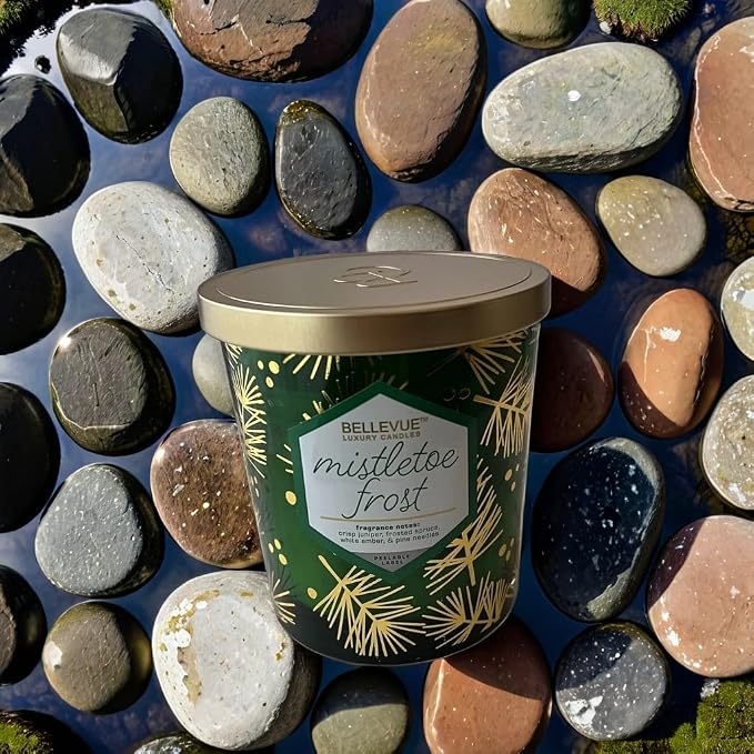 Bellevue Luxury Candles, 12 OZ Fragranced Candle, Soy Blend Wax, Essential Oils, Long-Lasting Burn, Home Fragrances, Aromatherapy Home Scented Candles Scent Mistletoe Frost Pack of 2