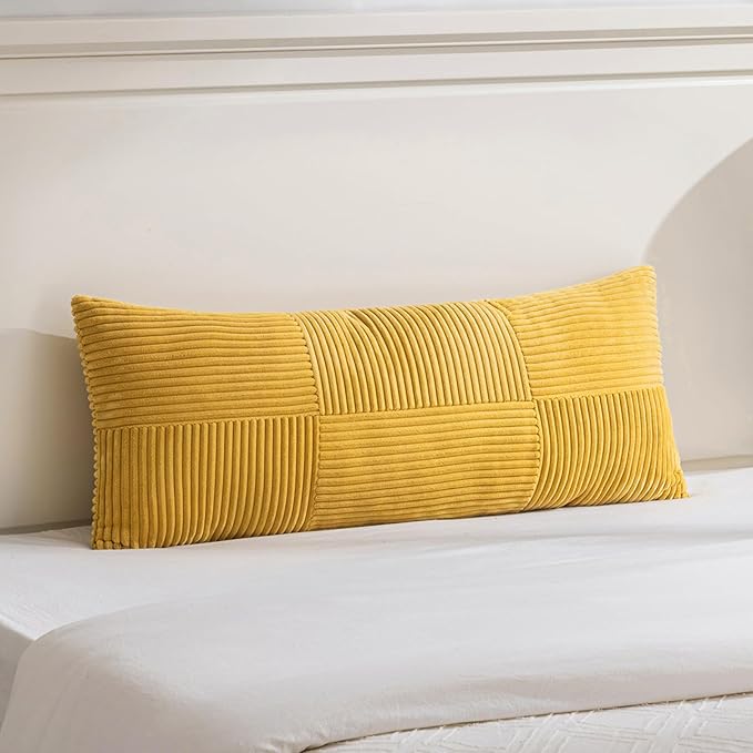 Fancy Homi Set of 1 Gold Yellow Boho Long Lumbar Body Decorative Throw Pillow Cover 21x54 Inch for Bed Couch Bedroom Bench, Soft Patchwork Corduroy Textured Pillow Case, Rustic Farmhouse Room Decor