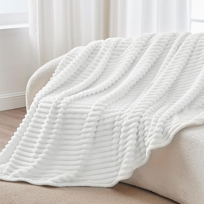 BEDELITE Ribbed Twin Blanket for Couch & Bed, Bright White, 60"x80" | Ultra-Soft Plush Fleece, Cozy, Warm Yet Lightweight, Ribbed Texture, Home Decor, Machine Washable, Giftable, All-Season Use