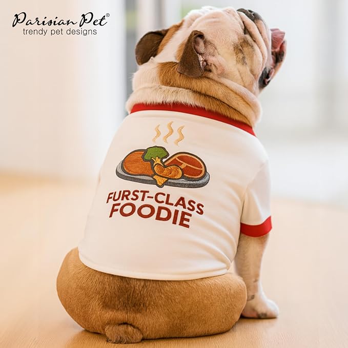 Parisian Pet Dog Furst Class Foodie Shirt - Embroidered Pet Vest - 100% Cotton & Polyester Doggy Shirt - Lightweight Pet Clothes - Sleeved Puppy Costume - Funny Shirts for Large Dogs - 2XL