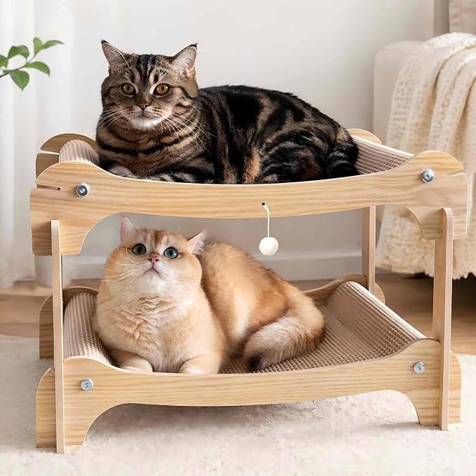 Two Level Sisal Cat Scratcher Bed | Natural Sisal Scratcher, Double Plush Perches, Non-Slip, Tool-Free Assembly for Indoor Apartment Cats Furniture Protection