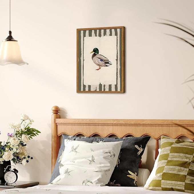 Framed Vintage Mallard Duck Wall Art, Country Farmhouse Duck Pictures Wall Decor, Rustic Wildlife Animal Paintings Canvas Prints Cottagecore Home Decor for Living Room Bedroom nursery 12x16 inch