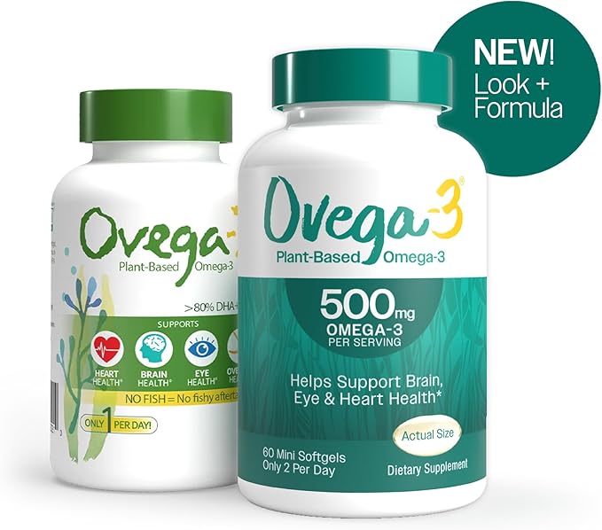 OVEGA-3 Plant-Based Omega-3 from Algal Oil Daily Supplement, 500mg, Supports Brain, Eye & Heart Health, Two Mini softgels per Day, 60 Count (Pack of 2)