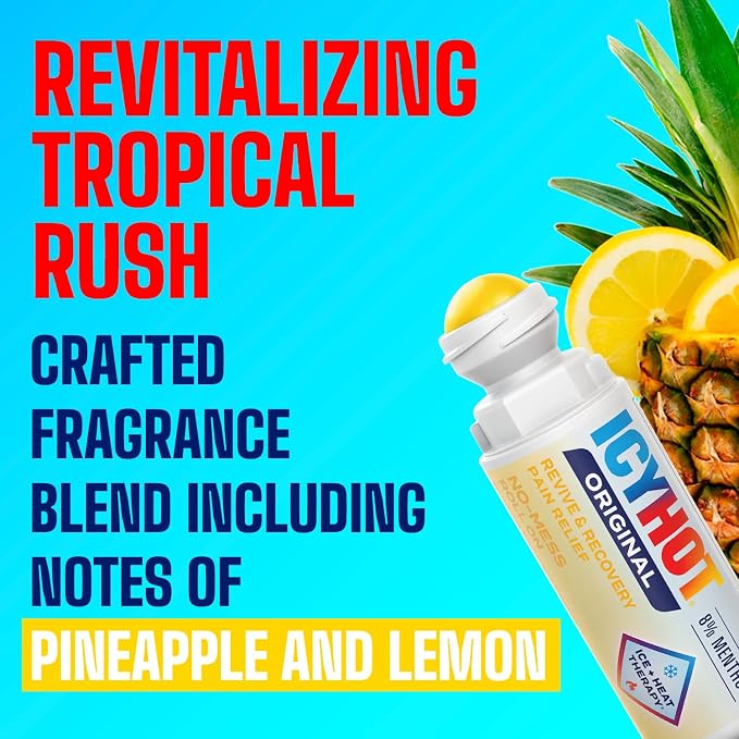 Icy Hot Original Pain Relief Revive & Recovery No-Mess Roll-On Applicator, Fast-Acting Pain Relief With 8% Menthol for Backaches, Joints, Muscle Strains and Arthritis, Revitalizing Tropical Rush, 2 oz