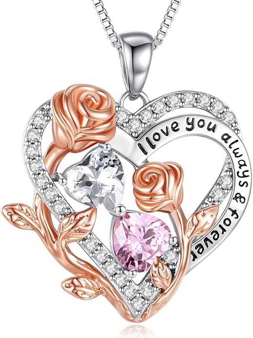 I Love You Birthstone Necklace, 925 Sterling Silver Heart Pendant with CZ Diamond Stones, Birthday Gifts for Women, Romantic Gift for Wife, Girlfriend, Her, Anniversary, Valentine's Day, Christmas