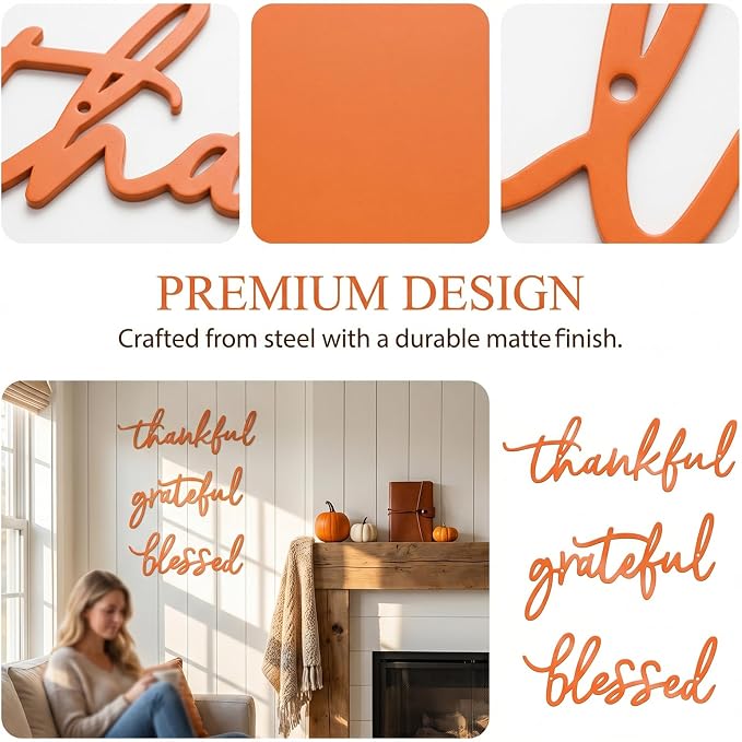 Thankful Grateful Blessed Letter Sign Metal Wall Decor, 3 Piece Black Letters Wall Art for Bathroom Bedroom Metal Words Wall Decor for Home Decor (Orange)
