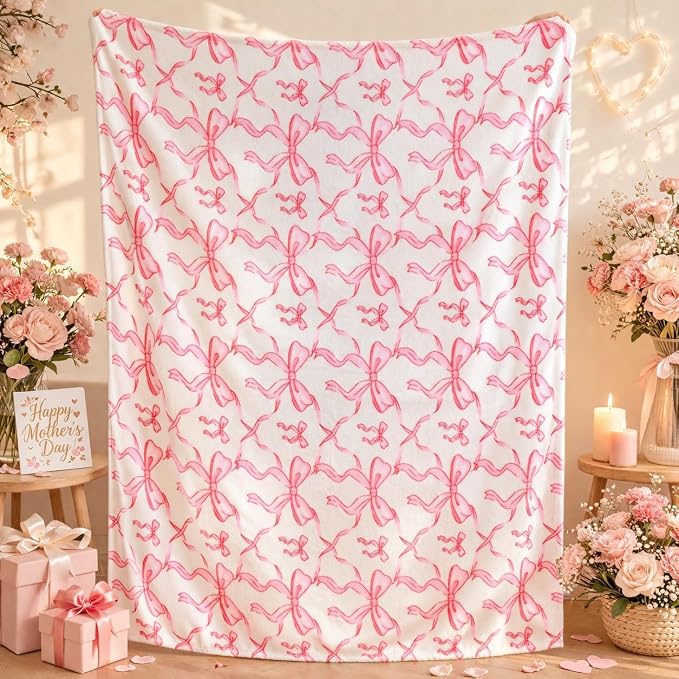 Pink Bow Twin Blanket – 60x80 Inch Soft Fleece Blanket for Girls and Women, Coquette Aesthetic Room Decor for Bed, Couch, Chair, Preppy Bedroom or Gift, Cute Pink Bow Decor Blanket