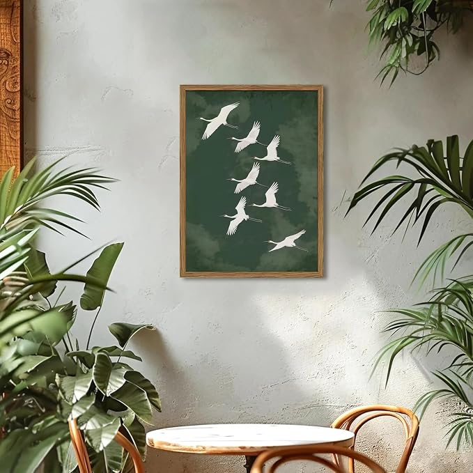 Framed Japanese Flying Cranes Wall Art, Vintage Bird Pictures Wall Decor Paintings, Rustic Nature Animal Canvas Prints Minimalist Home Decor for Living Room Bedroom Office 16x24 inch