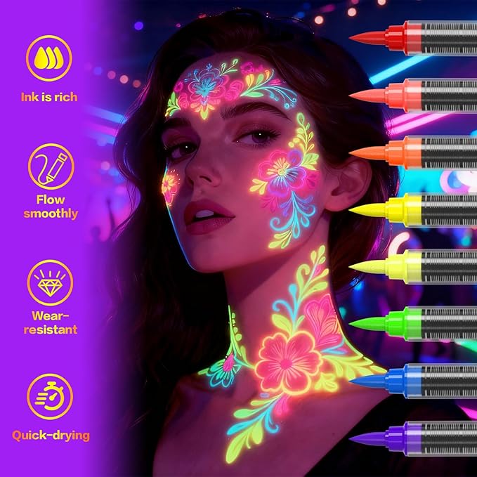 Glow in the Dark Body Paint,Halloween Makeup Kit,Neon Face Painting Markers Pen for Skin Glow Under Black Light, Washable UV Temporary Tattoo Pens for Glow Party Supplies (8 color)