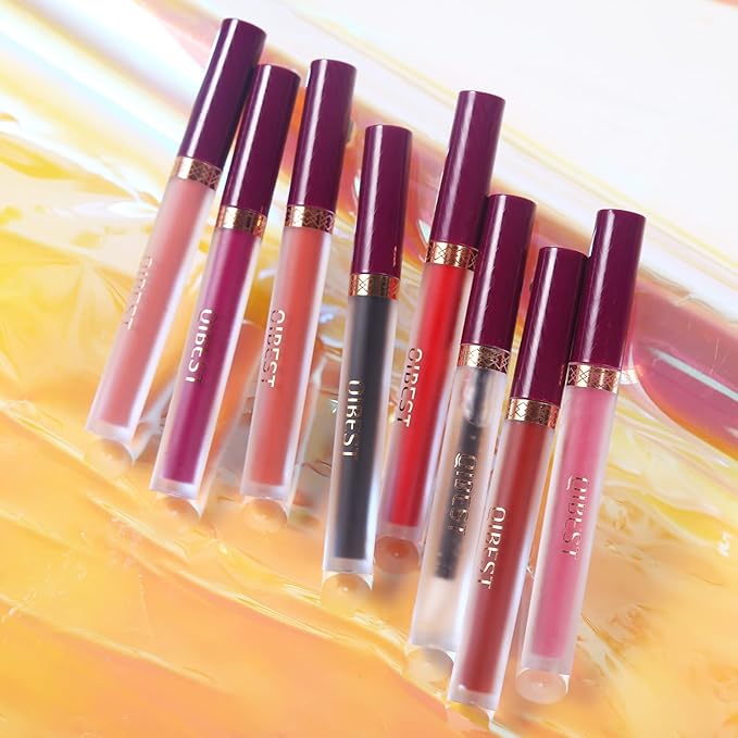 QiBest 7Pcs Matte Liquid Lipstick wiith 1Pc Lip Plumper Makeup Set, Dark Black Purple Lipstick Goth Halloween Lip Set Waterproof Lip Gloss Kit Pigmented Long Lasting Lipstick Makeup for Women & Girls