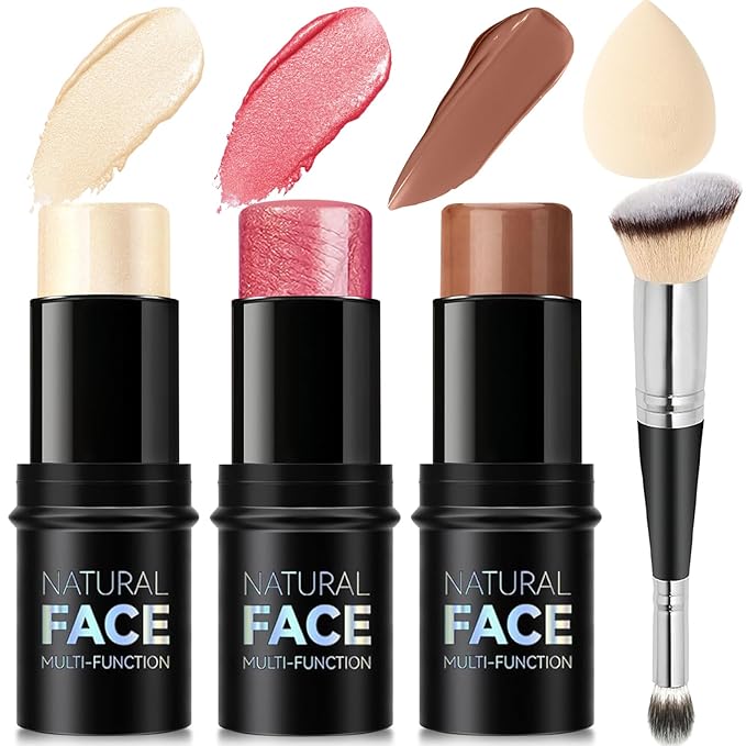 3Pcs Cream Contour Stick Makeup Kit, Shades with Highlighter, Blush and Bronzer Contour Stick for Sculpt the Cheeks, Long Lasting, Waterproof, Matte & Dewy Finish LIGHT(1+3+4)