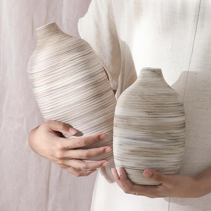 ALMA 9" Boho Flower Vase, Ceramic Pampas Grass Vases for Modern Farmhouse | White & Cream, Rustic Style, Decorative Vase for Home Decor Lovers, Tabletops, Mantel, Shelves and Modern Coastal Spaces