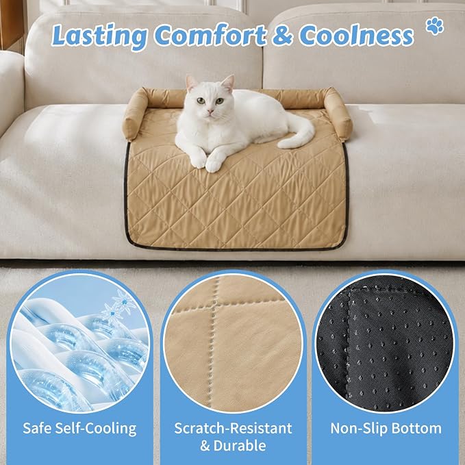 Cooling Dog Bed Mats with Neck & Head Support, 31.5 x 23.62 inch Khaki | for Small and Medium Dogs & Cats, Non-Slip, Machine Washable, Protects Sofa from Fur & Scratches