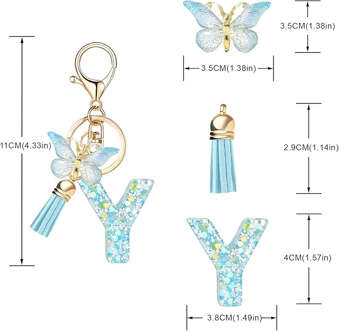 Fashion Alphabet Initial Letter Keychain Tassel Butterfly Pendant Key Ring for Purse Handbags Women Girl