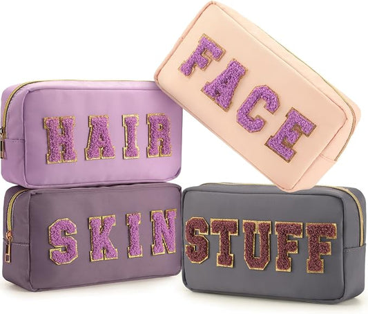 Preppy Makeup Bags Chenille Letter Stuff Bag Nylon Cosmetic Pouch Cases with Zipper for Women Travel Toiletry(Purple Set,Classic,4 Pcs)