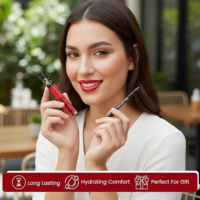 Matte Lipstick & Lip Liner Set for Women – Red Love Shade – Long-Lasting Waterproof 2-in-1 Lip Kit – Smudge-Proof Liquid Lipstick with Precision Liner, Enriched with Vitamin E & Shea Butter