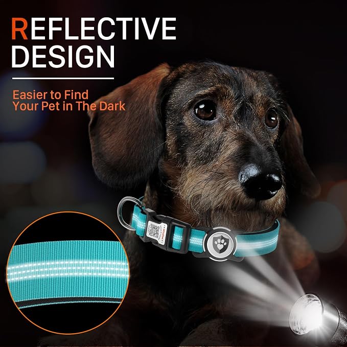 Waterproof AirTag Dog Collar with QR Code Dog Tag, Blue S | IP68 waterproof, QR code dog tag, Anti-Lost, Online profile, fits XS-L (8"-26"), Padded nylon, Reflective, No App, No Fees