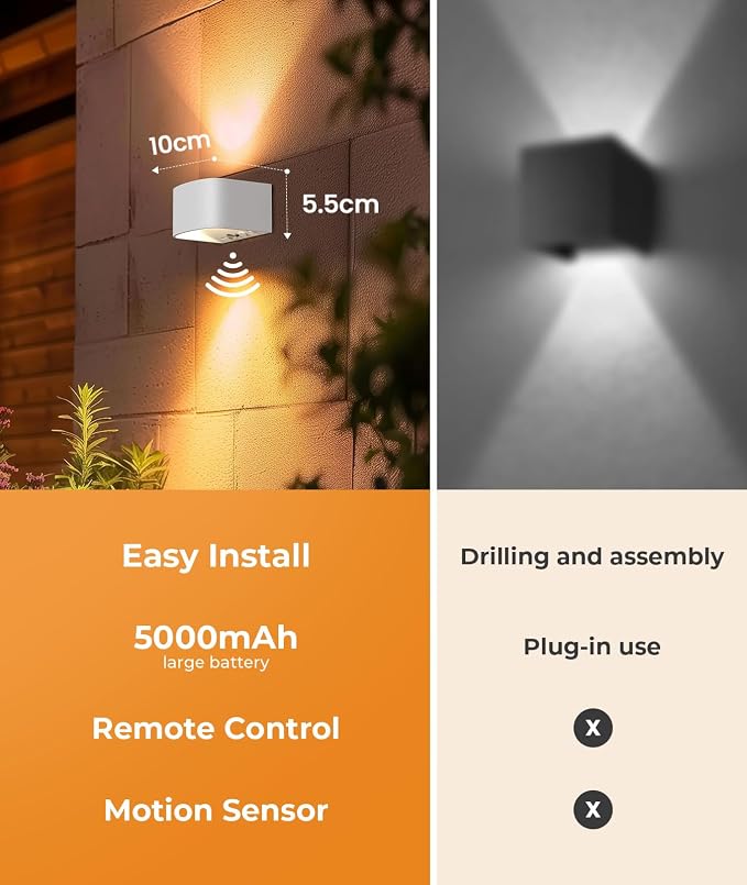 FULEN Motion Sensor Wall Light with Remote Control 3 Colors Wireless Wall Sconces LED Indoor Up and Down Wall Lamp 5000mAh Rechargeable Battery Powered Wall Lamps Brightness Adjustable, White 2 Pack