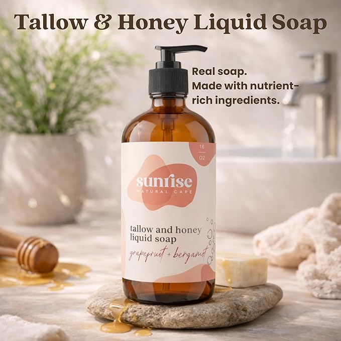Tallow & Honey Liquid Soap – Grapefruit + Bergamot – Natural Face, Body & Hand Wash – Grass-Fed Beef Tallow Cleanser – Gentle Moisturizing Soap – 16 oz
