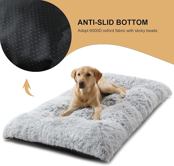 BFPETHOME Dog Beds for Large Dogs, Plush Dog Crate Bed Fluffy Cozy Kennel Pad for Sleeping &Ease Anxiety, Washable Pet Mats with Anti-Slip Bottom for Large Medium Dogs, Pet Bed Grey