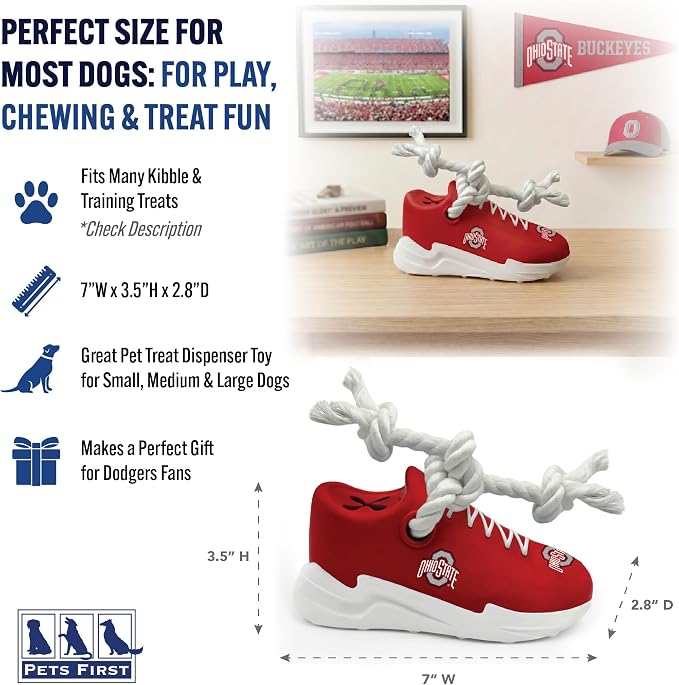 NCAA Ohio State Buckeyes Cleat Sneaker Spike Dog Toy, Treat Dispenser Chew Toy for Dogs, Interactive Rope Tug Toy, Slow Feeder Natural Rubber Dog Toy with Official Team Logo for Puppies & Adult Dogs