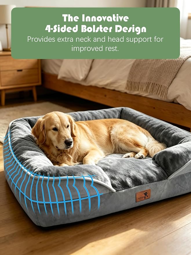 Spotted Play Orthopedic Dog Bed with Sides - Dog Sofa Beds for Extra Large Dogs, Supportive Foam Pet Couch Bed with Washable Removable Cover, Waterproof Lining and Non-Slip Bottom, Grey - XL