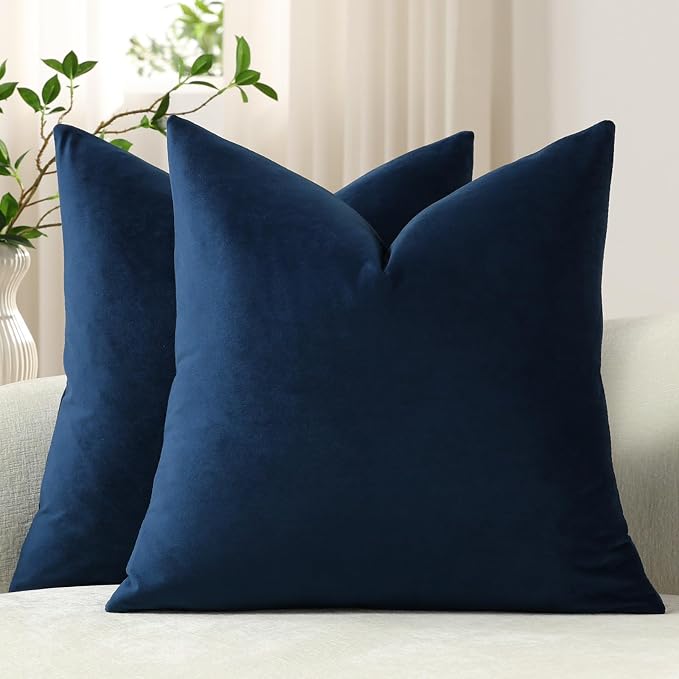 Throw Pillow Covers 18x18 Midnight Blue: Pack of 2 Cozy Soft Velvet Square Modern Luxury Decorative Throw Pillow Cases for Sofa Couch Living Room Bed Home Decor